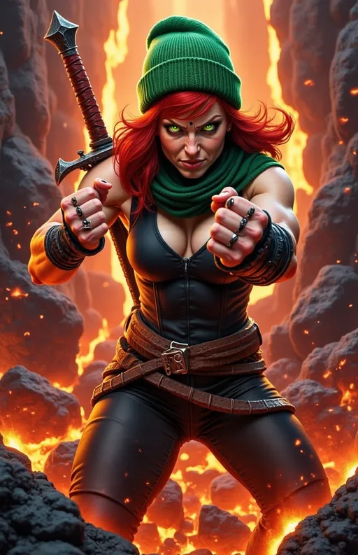 Prompt: @wbV7YKlXTFt2cBPb46HT is in a fierce combat stance. Lava covered knuckles. 
