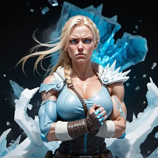 Prompt: Female figure. Greater bicep definition. Sharper, clearer blue eyes. Nosebleed. Long Blonde hair flapping. Frostier, glacier effects. Fierce combat stance. She is cracking her Ice Knuckles. 