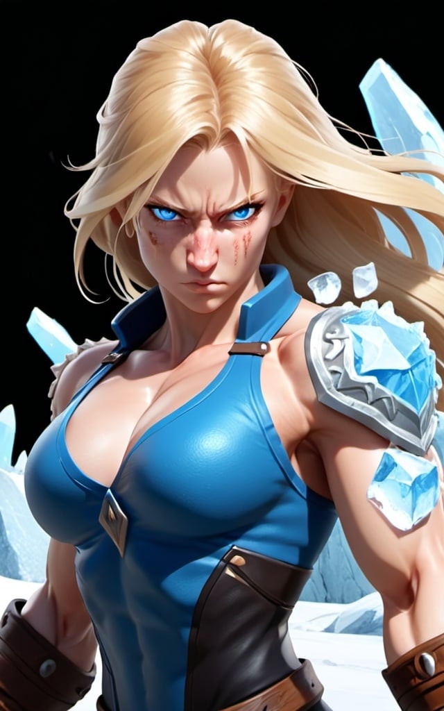 Prompt: Female figure. Greater bicep definition. Sharper, clearer blue eyes. Nosebleed. Long Blonde hair flapping. Frostier, glacier effects. Fierce combat stance. Raging Fists. Icy Knuckles. 