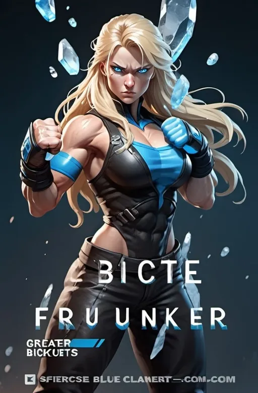 Prompt: Female figure. Greater bicep definition. Sharper, clearer blue eyes. Nosebleed. Long Blonde hair flapping. Frostier, glacier effects. Fierce combat stance. Raging Fists. Icy Knuckles. Blue outfit. 