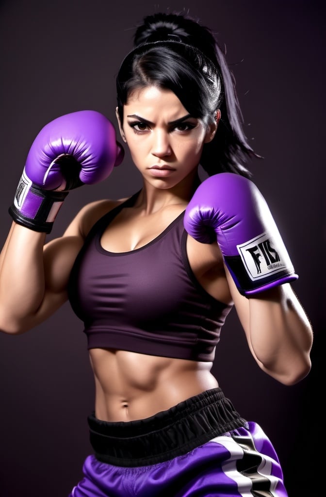 Prompt:  Female figure. Hispanic Greater bicep definition. Brown eyes. Purple nails. Black hair. Fierce combat stance. Raging Fists. Boxing gloves.