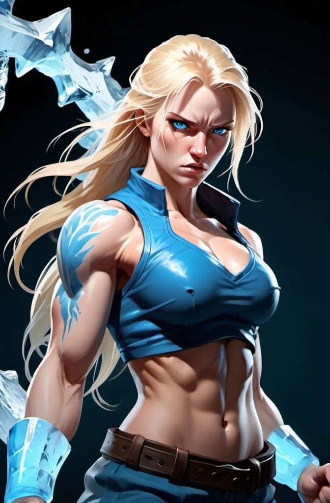 Prompt: Female figure. Greater bicep definition. Sharper, clearer blue eyes. Bleeding. Long Blonde hair flapping. Frostier, glacier effects. Fierce combat stance. Raging Fists. Icy Knuckles. 