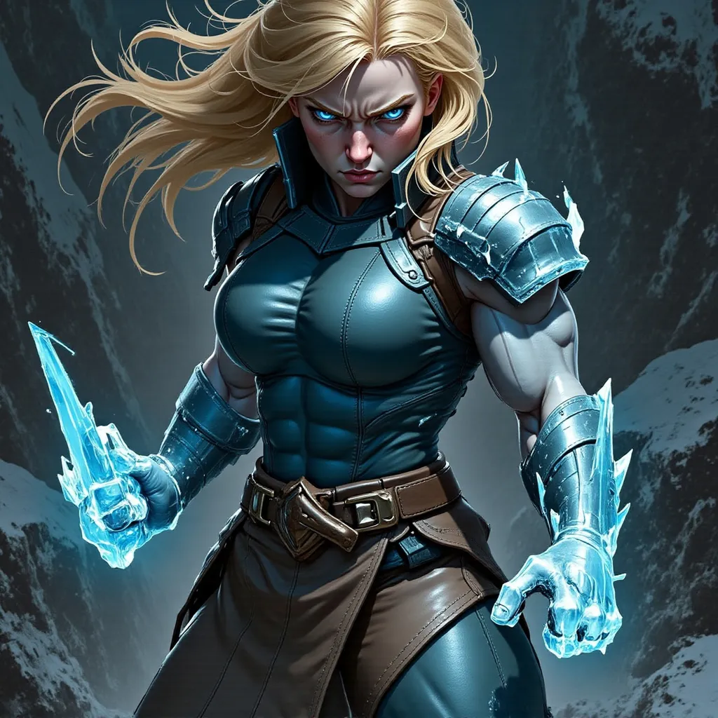 Prompt: @lbK8EQWu1r8WEqH2g1L6 A muscular female warrior with icy knuckles stands in a fierce combat stance, her body poised and ready for action. She is positioned at the center of the frame, with her feet firmly planted and knees slightly bent, showcasing her strength. The environment around her is a frozen battlefield, with shards of ice and snow swirling in the air, reflecting the cold intensity of the scene. The lighting is dramatic, with a pale blue glow illuminating her figure against the stark white and gray of the icy landscape, casting sharp shadows that highlight her defined muscles. Her fierce expression conveys determination, as she prepares to strike, embodying the spirit of a relentless fighter in this wintry setting.