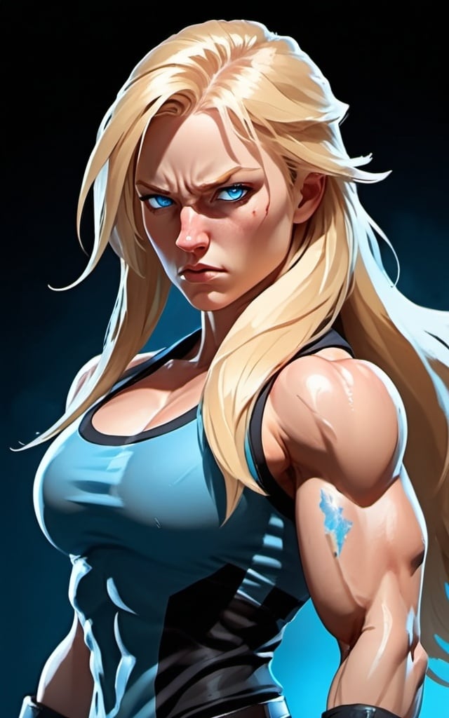 Prompt: Female figure. Greater bicep definition. Sharper, clearer blue eyes. Nosebleed. Long Blonde hair flapping. Frostier, glacier effects. Fierce combat stance. Raging Fists. Icy Knuckles. Wearing Pants. 