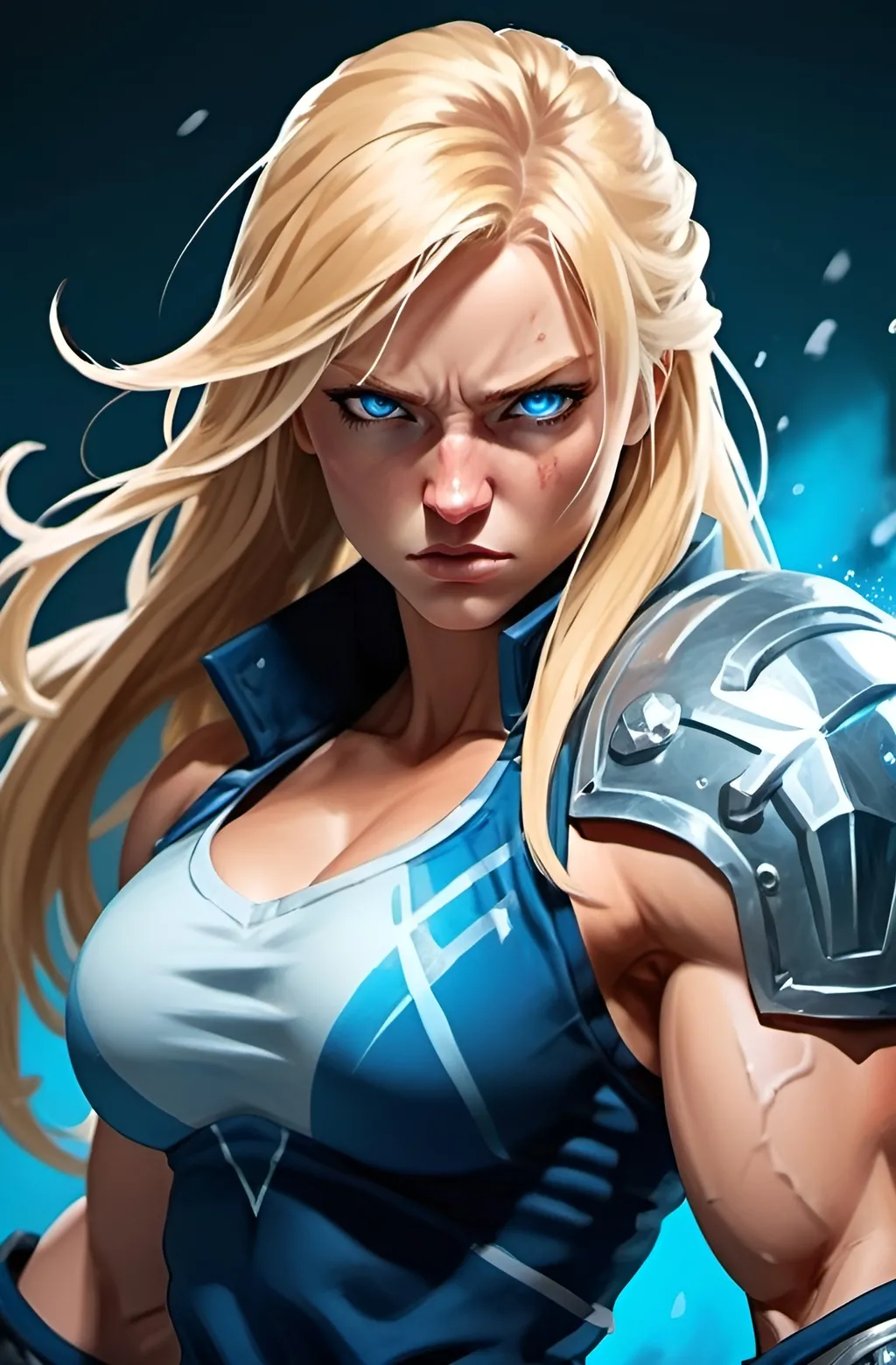 Prompt:  Female figure. Greater bicep definition. Sharper, clearer blue eyes. Nosebleed. Long Blonde hair flapping. Frostier, glacier effects. Fierce combat stance. Raging Fists. Icy Knuckles. 