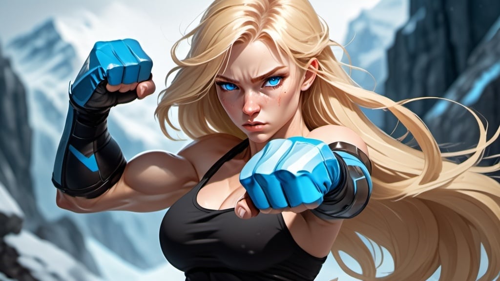 Prompt: Female figure. Greater bicep definition. Sharper, clearer blue eyes. Nosebleed. Long Blonde hair flapping. Frostier, glacier effects. Fierce combat stance. Cracking Knuckles. 