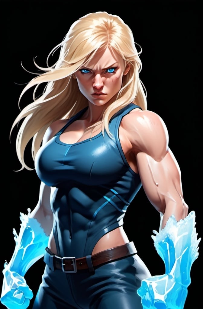 Prompt: Female figure. Greater bicep definition. Sharper, clearer blue eyes. Nosebleed. Long Blonde hair flapping. Frostier, glacier effects. Fierce combat stance. Raging Fists. Icy Knuckles. 