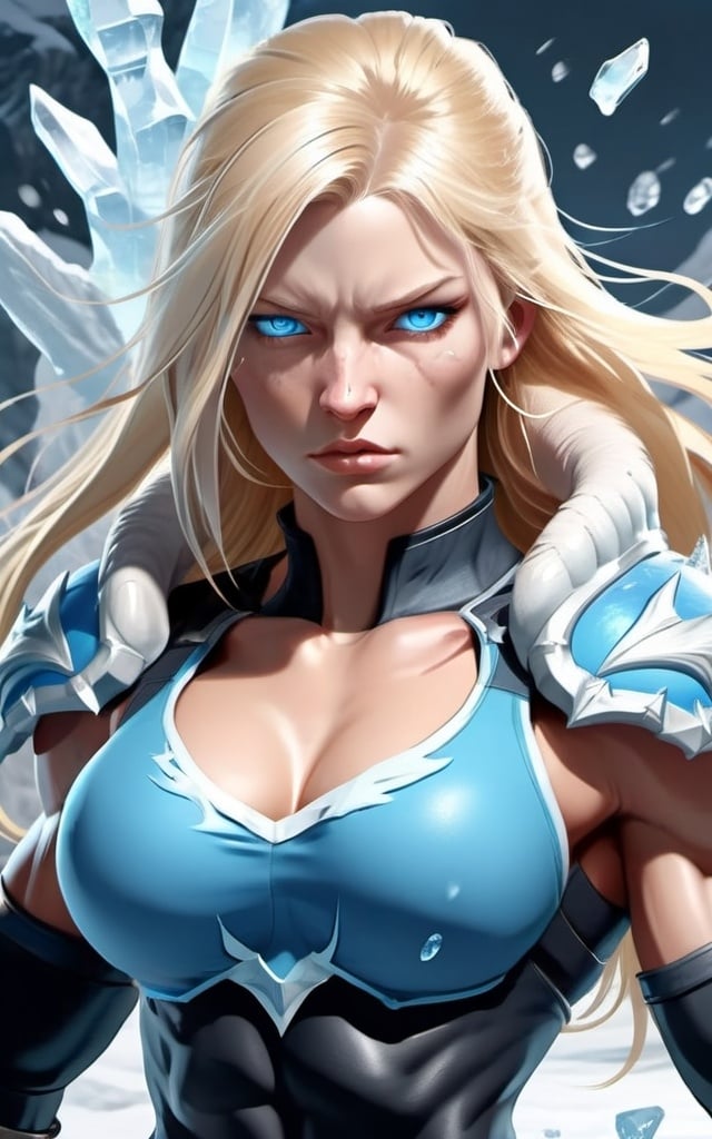 Prompt: Female figure. Greater bicep definition. Sharper, clearer blue eyes. Nosebleed. Long Blonde hair flapping. Frostier, glacier effects. Fierce combat stance. Raging Fists. Icy Knuckles.