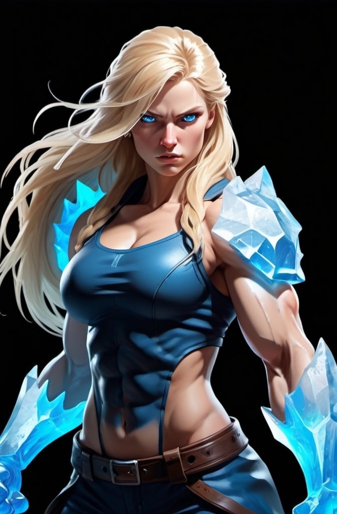 Prompt: Female figure. Greater bicep definition. Sharper, clearer blue eyes. Nosebleed. Long Blonde hair flapping. Frostier, glacier effects. Fierce combat stance. Icy Knuckles. 