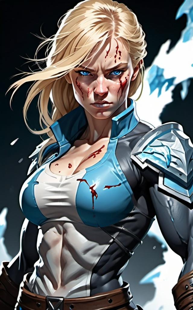 Prompt: Female figure. Greater bicep definition. Sharper, clearer blue eyes. Bleeding. Long Blonde hair flapping. Frostier, glacier effects. Fierce combat stance.