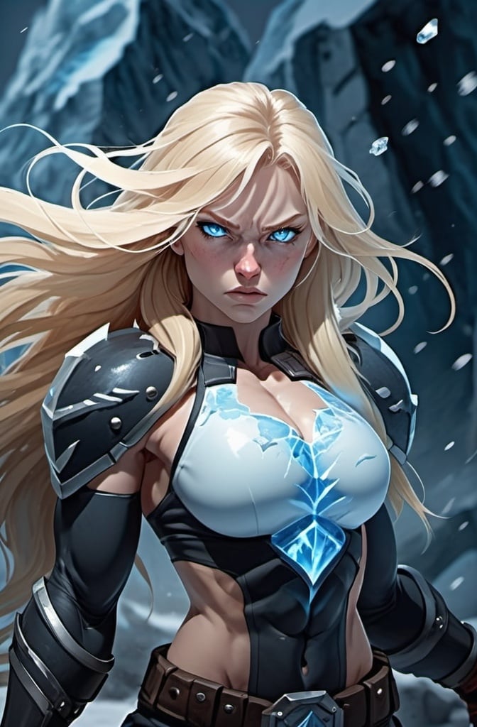 Prompt: Female figure. Greater bicep definition. Sharper, clearer blue eyes. Nosebleed. Long Blonde hair flapping. Frostier, glacier effects. Fierce combat stance. Raging Fists. Icy Knuckles. 