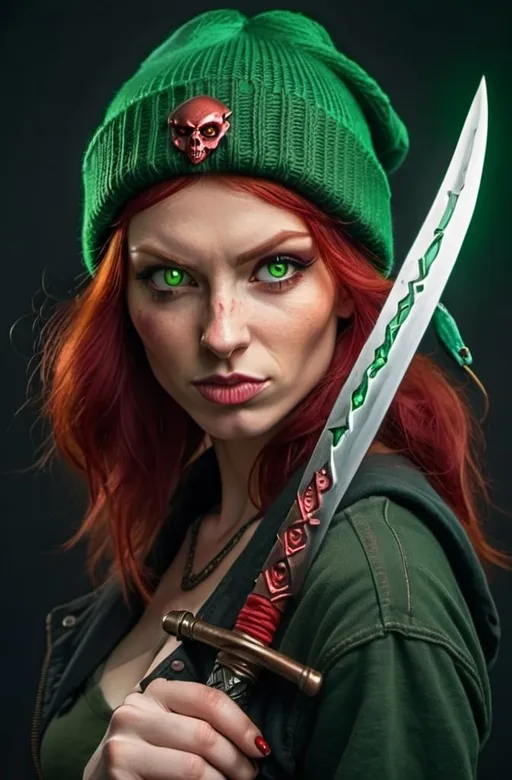 Prompt: Evil red-haired warrior woman With Carmine Red eyes, wearing a green beanie and a mischievous smirk. Carries daggers.