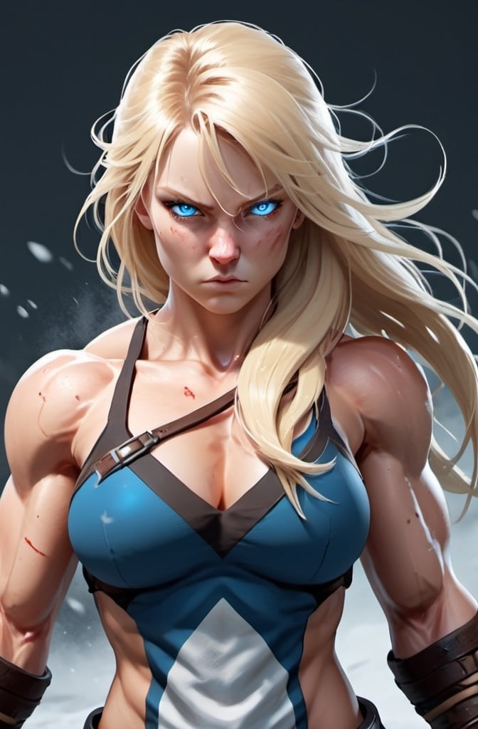 Prompt: Female figure. Greater bicep definition. Sharper, clearer blue eyes. Nosebleed. Long Blonde hair flapping. Frostier, glacier effects. Fierce combat stance. Raging Fists.