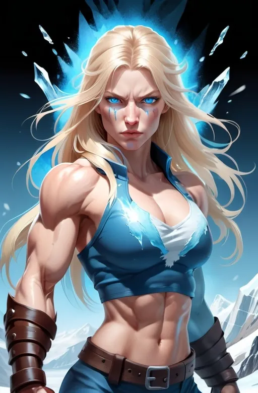 Prompt: Female figure. Greater bicep definition. Sharper, clearer blue eyes. Nosebleed. Long Blonde hair flapping. Frostier, glacier effects. Fierce combat stance. Raging Fists. Icy Knuckles.