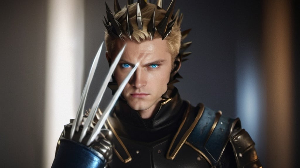 Prompt: Male Figure. Strong. Spikey Blonde hair. Clean shaven. Blue eyes. Emperor. Wearing a warrior Gauntlet. Electricity claws. Lighting background. Leading an Army.  