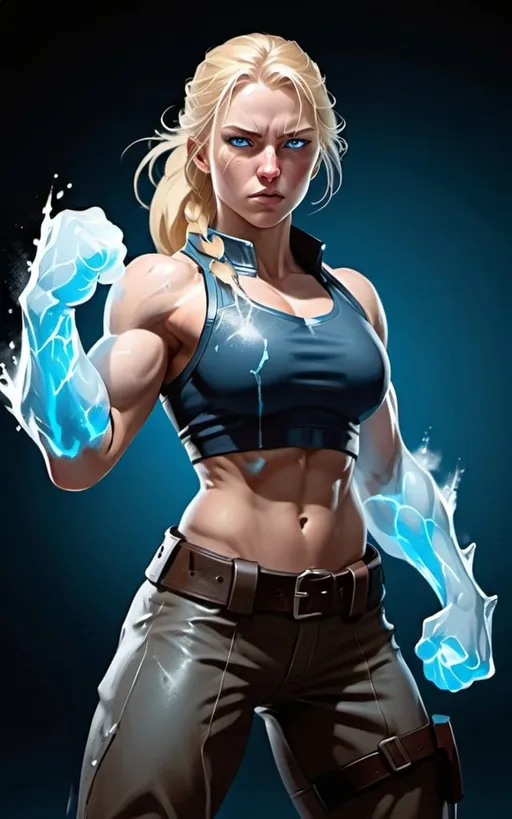 Prompt: Female figure. Greater bicep definition. Sharper, clearer blue eyes. Nosebleed. Long Blonde hair flapping. Frostier, glacier effects. Fierce combat stance. Icy Knuckles. Mist