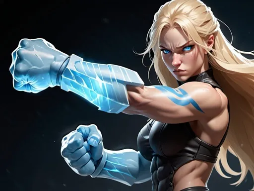 Prompt: Female figure. Greater bicep definition. Sharper, clearer blue eyes. Nosebleed. Long Blonde hair flapping. Frostier, glacier effects. Fierce combat stance. Raging Fists. Icy Knuckles. 