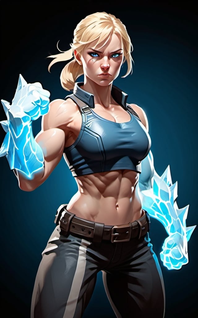 Prompt: Female figure. Greater bicep definition. Sharper, clearer blue eyes. Blonde hair flapping. Frostier, glacier effects. Fierce combat stance. Raging Fists. 