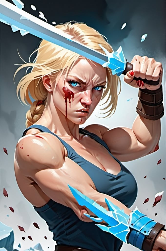 Prompt:  Female figure. Greater bicep definition. Sharper, clearer blue eyes. Blonde hair  flapping. Nose bleed. Frostier, glacier effects. Fierce combat stance. Raging Fists. 