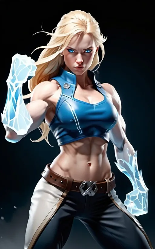 Prompt: Female figure. Greater bicep definition. Sharper, clearer blue eyes. Long Blonde hair flapping. Frostier, glacier effects. Fierce combat stance. Icy Knuckles.