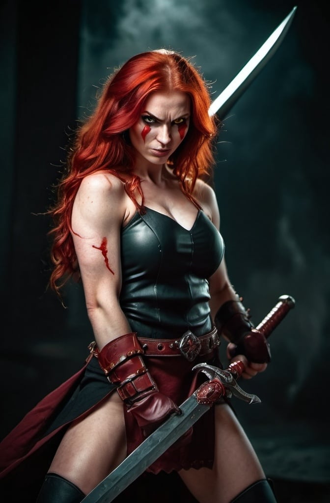 Prompt: Evil red-haired warrior woman with a mischievous grin. Carmine, red eyes. Fierce combat stance.