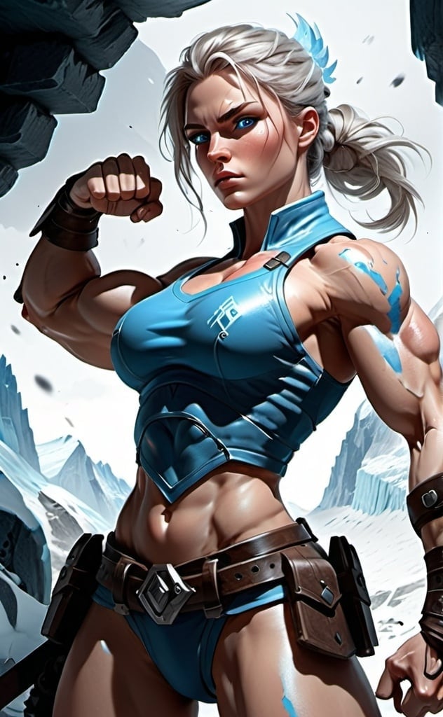 Prompt: Female figure. Greater bicep definition. Sharper, clearer blue eyes.  Frostier, glacier effects. Fierce combat stance. 