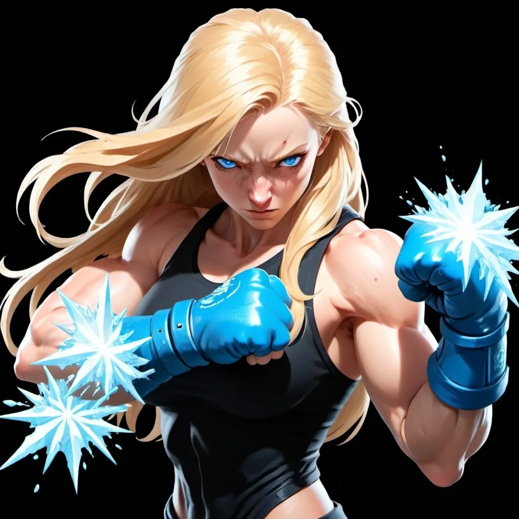 Prompt: Female figure. Greater bicep definition. Sharper, clearer blue eyes. Nosebleed. Long Blonde hair flapping. Frostier, glacier effects. Fierce combat stance. Raging Fists. Icy Knuckles. 