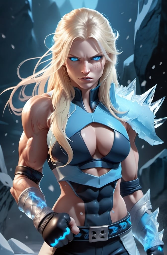 Prompt: Female figure. Greater bicep definition. Sharper, clearer blue eyes. Nosebleed. Long Blonde hair flapping. Frostier, glacier effects. Fierce combat stance. Raging Fists. Icy Knuckles.