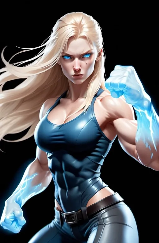 Prompt: Female figure. Greater bicep definition. Sharper, clearer blue eyes. Nosebleed. Long Blonde hair flapping. Frostier, glacier effects. Fierce combat stance. Raging Fists. Icy Knuckles.