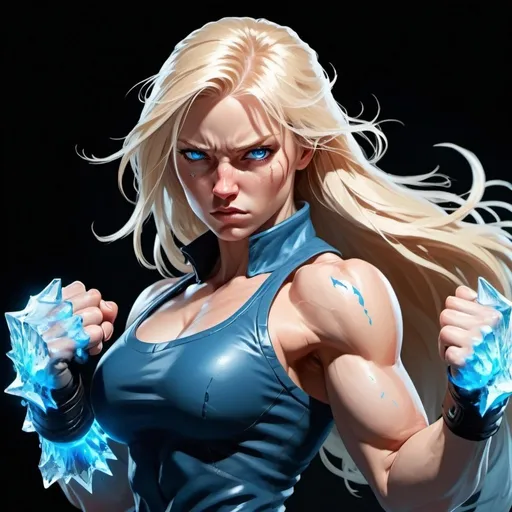 Prompt: Female figure. Greater bicep definition. Sharper, clearer blue eyes. Bleeding. Long Blonde hair flapping. Frostier, glacier effects. Fierce combat stance. Raging Fists. Icy Knuckles. 