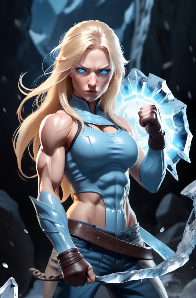 Prompt: Female figure. Greater bicep definition. Sharper, clearer blue eyes. Nosebleed. Long Blonde hair flapping. Frostier, glacier effects. Fierce combat stance. Raging Fists. Icy Knuckles.