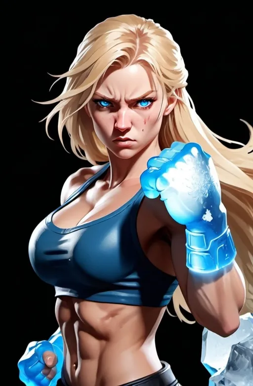 Prompt: Female figure. Greater bicep definition. Sharper, clearer blue eyes. Nosebleed. Long Blonde hair flapping. Frostier, glacier effects. Fierce combat stance. Raging Fists. Icy Knuckles.