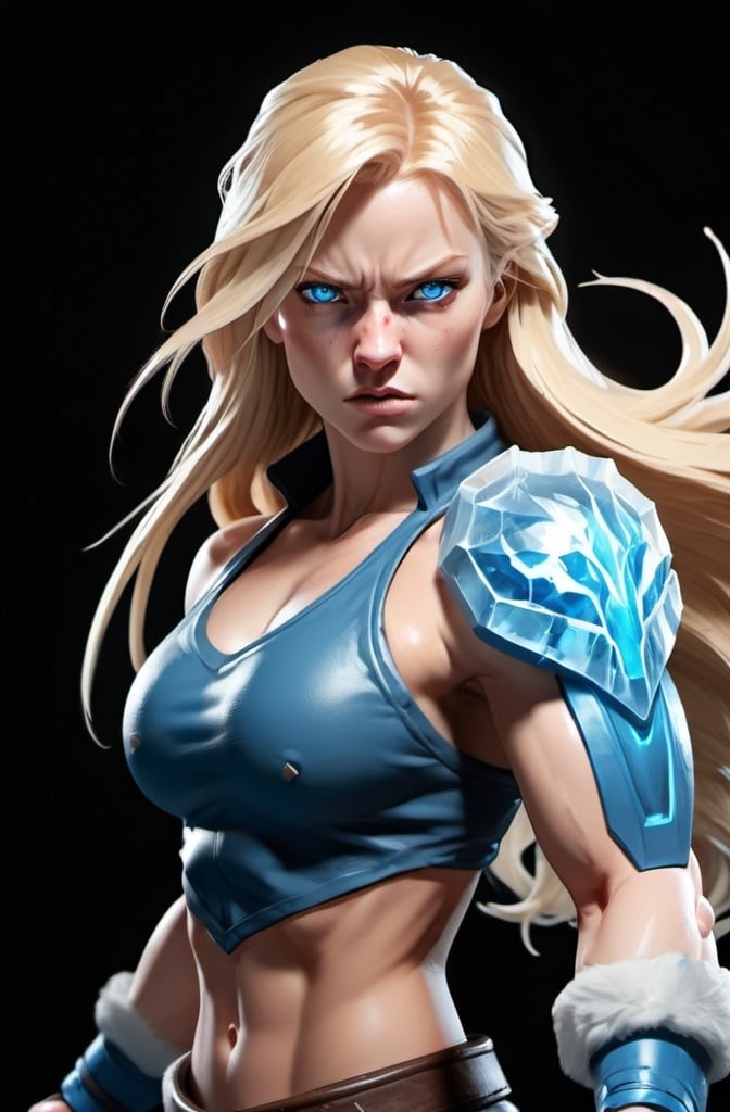 Prompt: Female figure. Greater bicep definition. Sharper, clearer blue eyes. Nosebleed. Long Blonde hair flapping. Frostier, glacier effects. Fierce combat stance. Raging Fists. Icy Knuckles.