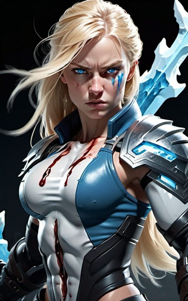 Prompt: Female figure. Greater bicep definition. Sharper, clearer blue eyes. Bleeding. Long Blonde hair flapping. Frostier, glacier effects. Fierce combat stance.