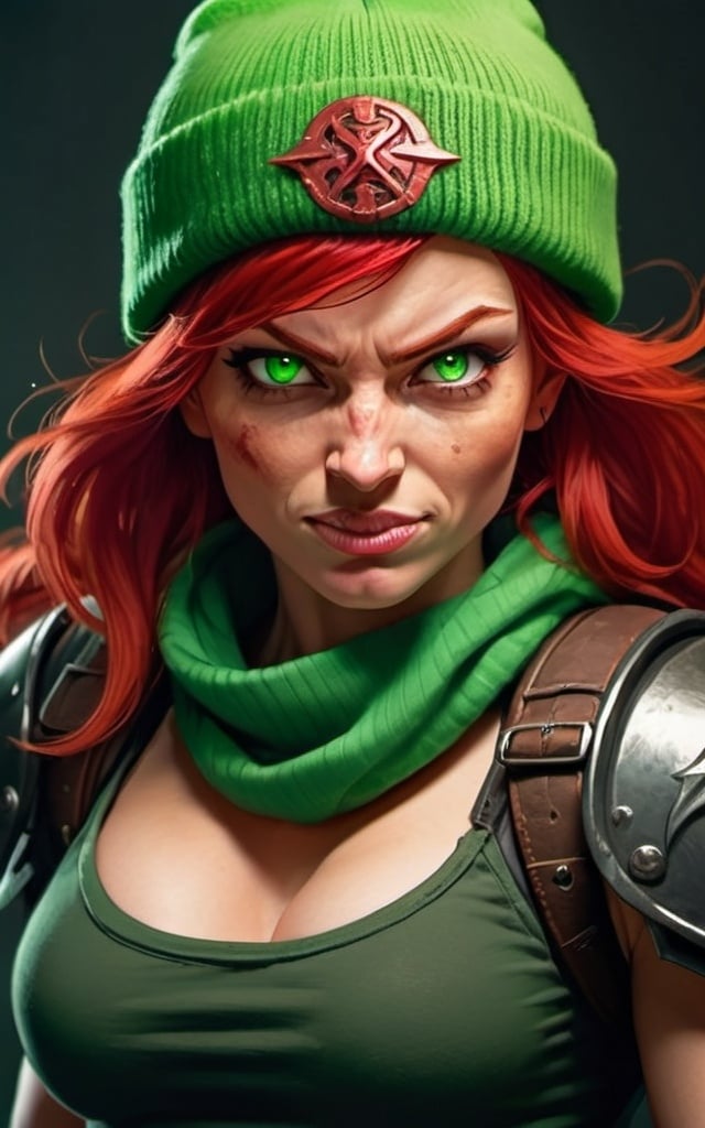 Prompt: Evil red-haired warrior woman, wearing a green beanie and a mischievous smirk. Carmine, red eyes. Fierce combat stance. 