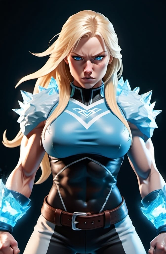 Prompt: Female figure. Greater bicep definition. Sharper, clearer blue eyes. Nosebleed. Long Blonde hair flapping. Frostier, glacier effects. Fierce combat stance. Raging Fists. Icy Knuckles. 