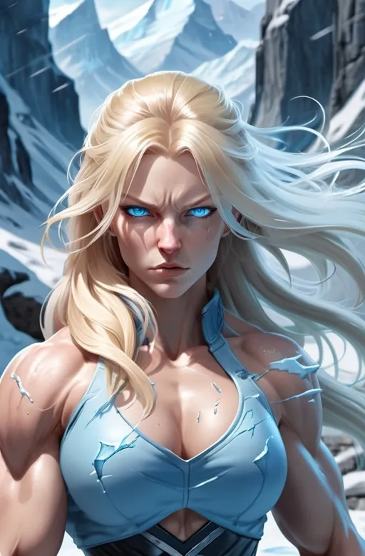 Prompt: Female figure. Greater bicep definition. Sharper, clearer blue eyes. Nosebleed. Long Blonde hair flapping. Frostier, glacier effects. Fierce combat stance. Raging Fists. Icy Knuckles.