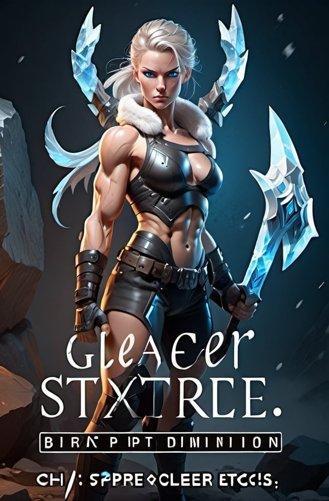 Prompt: Female figure. Greater bicep definition. Sharper, clearer blue eyes.  Frostier, glacier effects. Fierce combat stance. 