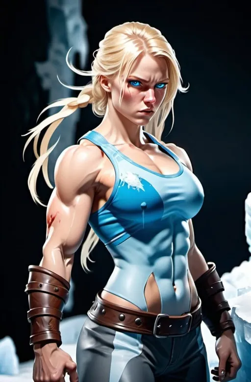 Prompt: Female figure. Greater bicep definition. Sharper, clearer blue eyes. Nosebleed. Long Blonde hair flapping. Frostier, glacier effects. Fierce combat stance. Icy Knuckles.