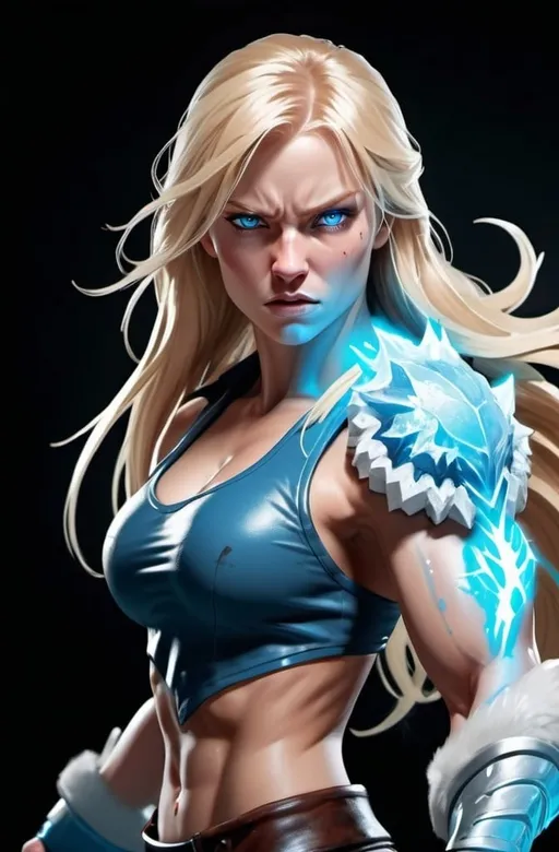 Prompt: Female figure. Greater bicep definition. Sharper, clearer blue eyes. Bleeding. Long Blonde hair flapping. Frostier, glacier effects. Fierce combat stance. Raging Fists. Icy Knuckles.