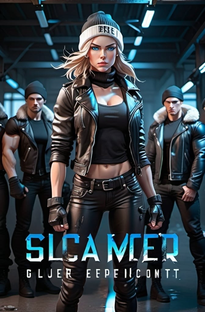 Prompt: Female figure. Greater bicep definition. Sharper, clearer blue eyes.  Frostier, glacier effects. Fierce combat stance. Wearing a black beanie and leather jacket. 