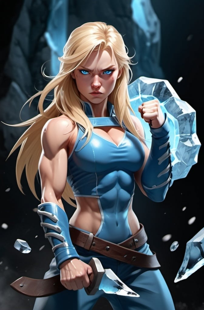 Prompt: Female figure. Greater bicep definition. Sharper, clearer blue eyes. Nosebleed. Long Blonde hair flapping. Frostier, glacier effects. Fierce combat stance. Raging Fists. Icy Knuckles. 