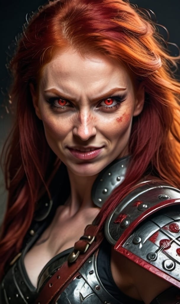 Prompt: Evil red-haired warrior woman with a mischievous grin. Carmine, red eyes. Fierce combat stance.