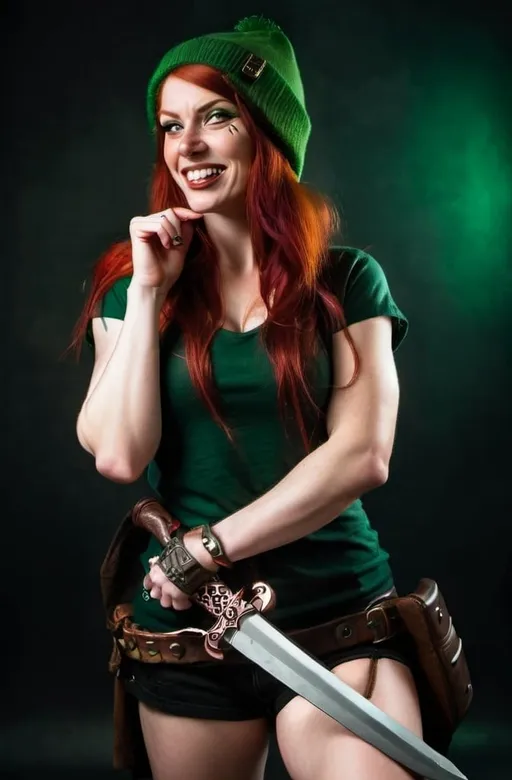 Prompt: Evil red-haired warrior woman, wearing a green beanie and a mischievous smirk. Brass Knuckles. 