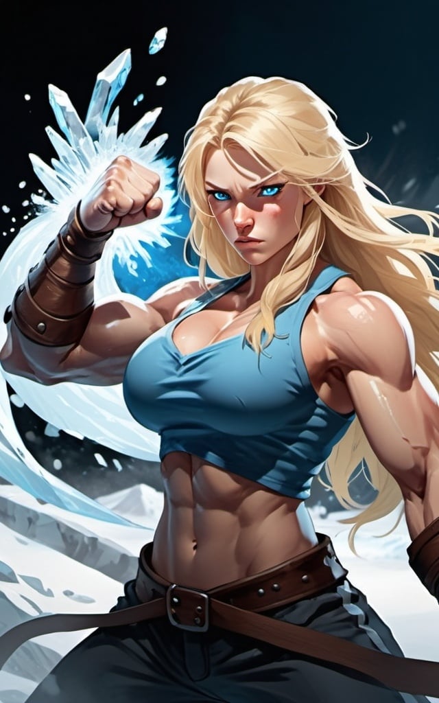 Prompt: Female figure. Greater bicep definition. Sharper, clearer blue eyes. Nosebleed. Long Blonde hair flapping. Frostier, glacier effects. Fierce combat stance. Raging Fists. Icy Knuckles.