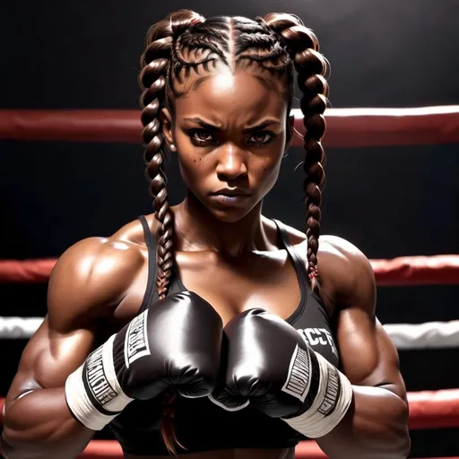 Prompt:  Female figure. Black. Greater bicep definition. Dark skin. Brown eyes. Long braided pigtails. Fierce combat Stance. Raging Fists. Boxing Champion.   