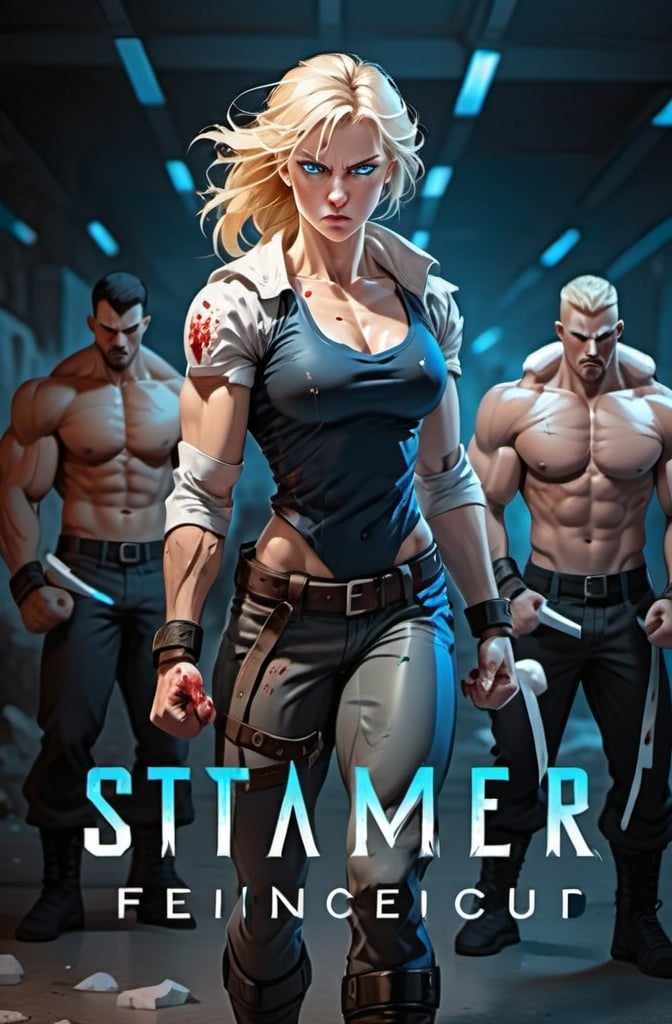 Prompt:  Female figure. Greater bicep definition. Sharper, clearer blue eyes. Blonde hair  flapping. Nose bleed. Frostier, glacier effects. Fierce combat stance. Raging Fists. 