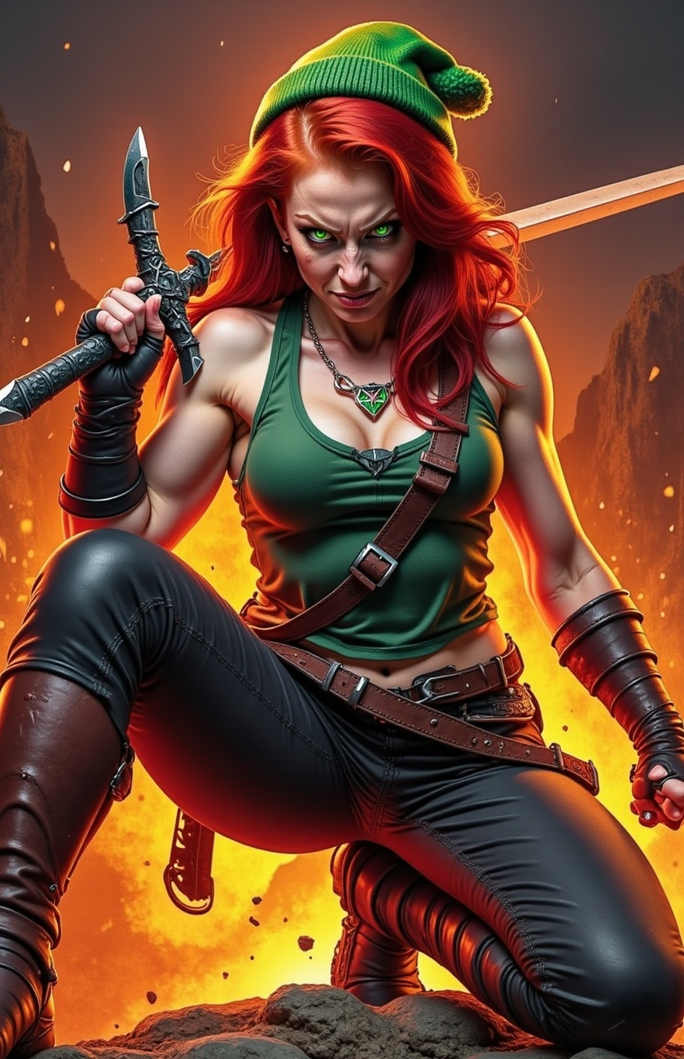 Prompt: @wbV7YKlXTFt2cBPb46HT A dynamic illustration of a confident female warrior, posed strikingly for the camera. She stands tall in the center of the frame, her armor gleaming under a mix of soft sunlight and dramatic shadows. Her long hair flows behind her, catching the light, while her fierce gaze meets the viewer's eyes. The background features a rugged landscape, with distant mountains and a clear blue sky, adding depth to the scene. Subtle dust swirls around her feet, hinting at a recent battle. The composition captures her strength and determination, framed perfectly to highlight her powerful stance and the intricate details of her armor.