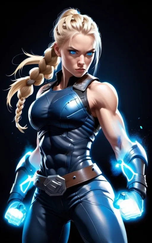 Prompt:  Female figure. Greater bicep definition. Dark Blue eyes. Blonde braided ponytail. Fierce combat stance. Raging Gravity-powered Gauntlets. 