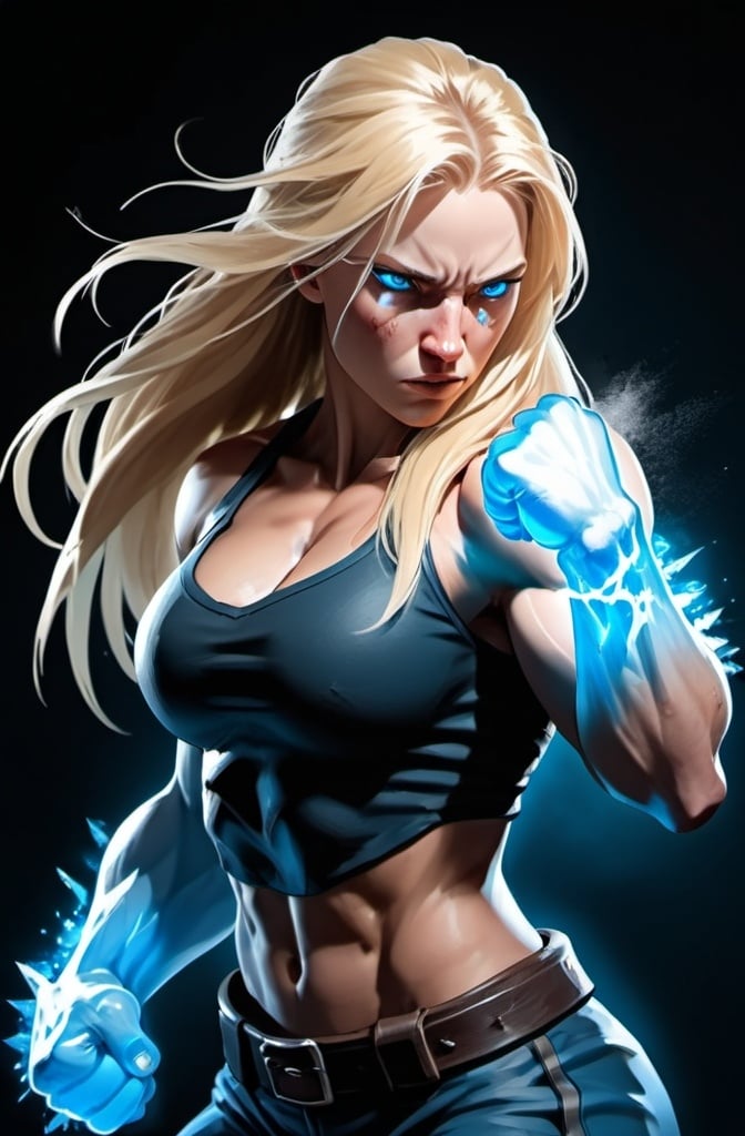 Prompt: Female figure. Greater bicep definition. Sharper, clearer blue eyes. Nosebleed. Long Blonde hair flapping. Frostier, glacier effects. Fierce combat stance. Raging Fists. Icy Knuckles. 